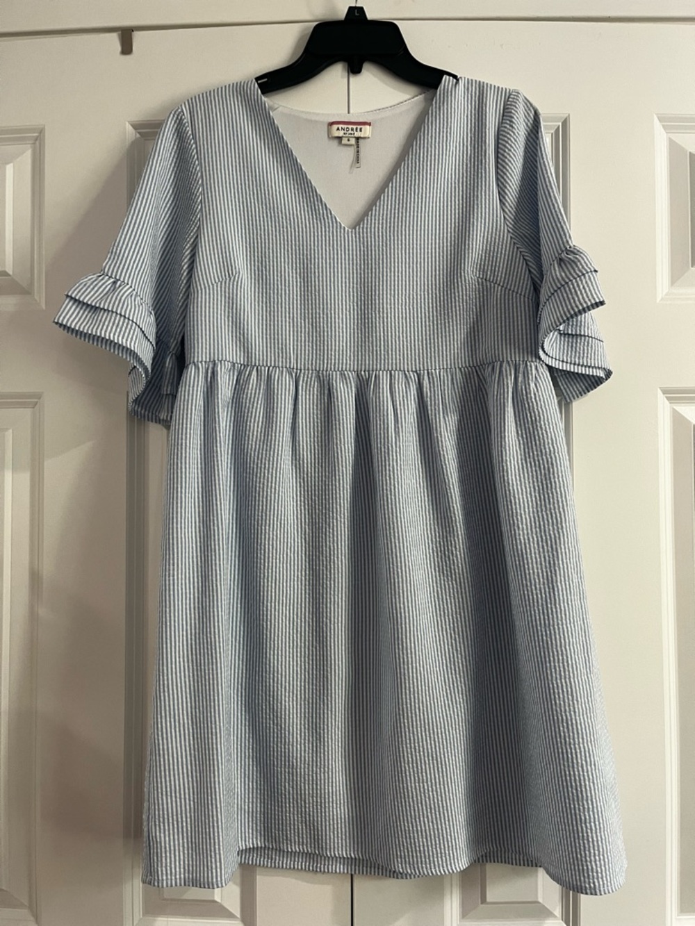 Andree Baby Blue Seersucker V-Neck Maxi Dress
